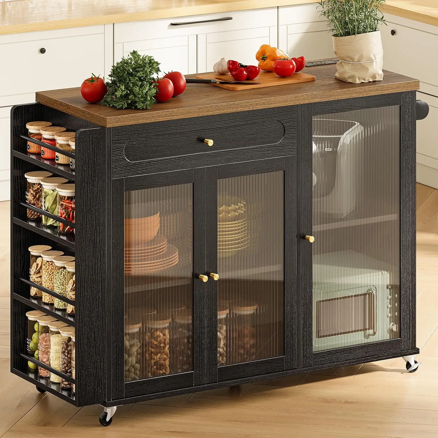 Kitchen Island Cart with Outlet Storage Drawers, Rolling Table Spice Towel Rack Wood Counter for Dining Room, Customized