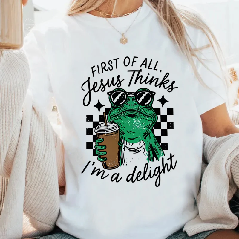 First of All Jesus Thinks I'm A Delight T-shirt Funny Christian Frog Graphic T Shirts Coffee and Jesus Tshirt Faith Cotton