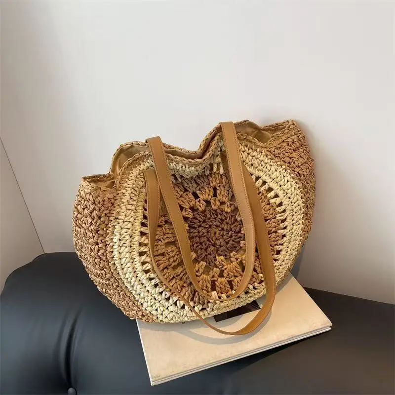 Handwoven Summer Round Straw Bag Bohemian Tote for Women Casual Beach Vacation Basket Eco-Friendly Fiber Art
