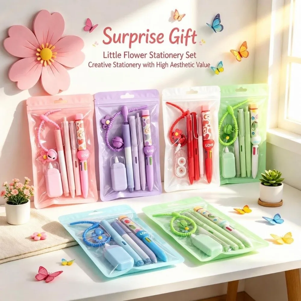 Durable 7-in-1 Flower Stationery Set with Keychain Multi Color 7 in 1 Pen Set Party Favor Stationery School Supplies