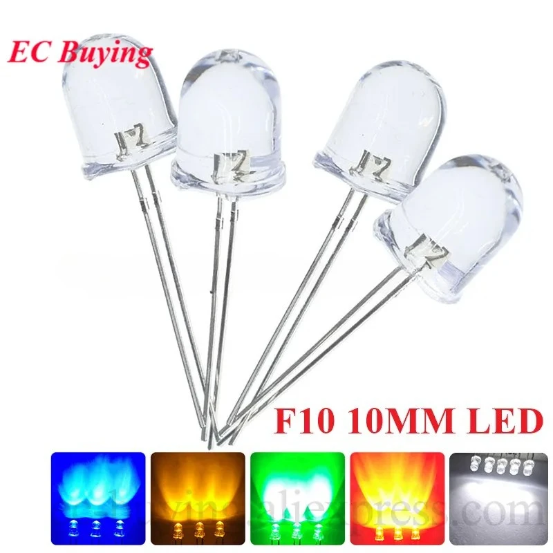 10pcs F10 10mm LED 5 Colors Red Blue Yellow Green White Transparent 20mA 0.75W Ultra Bright Round LED Light Emitting Diode Lamp