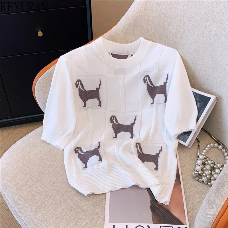 2024 Summer Dog Jacquard Short Sleeve Sweater Women\'s Knit T-Shirt Casual O-Neck Pullover Knitwear Tops Tees Pull Femme Jumper