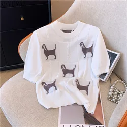 2024 Summer Dog Jacquard Short Sleeve Sweater Women's Knit T-Shirt Casual O-Neck Pullover Knitwear Tops Tees Pull Femme Jumper