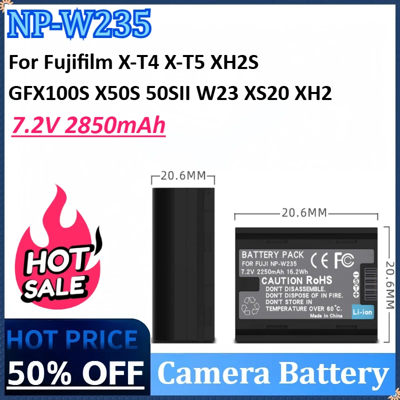 

New 7.2V 2850mAh NP-W235 NP W235 Camera Battery for Fujifilm X-T4 X-T5 XH2S GFX100S X50S 50SII W23 XS20 XH2 Rechargeable Battery