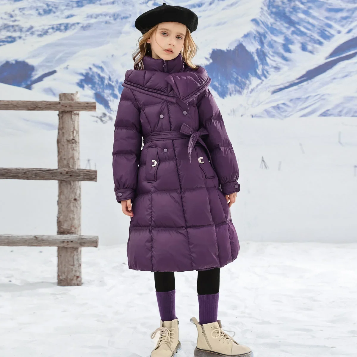 Winter Warm Cotton Padded Girls Solid Coat Waterproof Large Lapel Clothes Waist Belt Children Outwear Parkas Snowsuit TR152