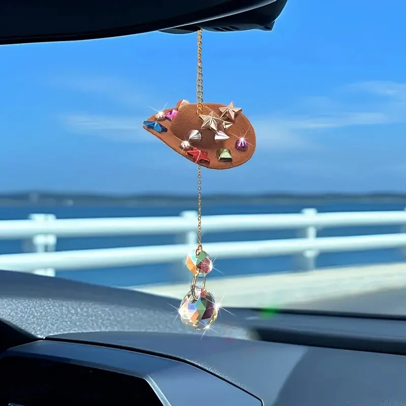 Sparkling Car Interior Pendant Decoration Pink Hat Design with Colorful Rhinestones and Crystal Drop Stylish Auto Accessories