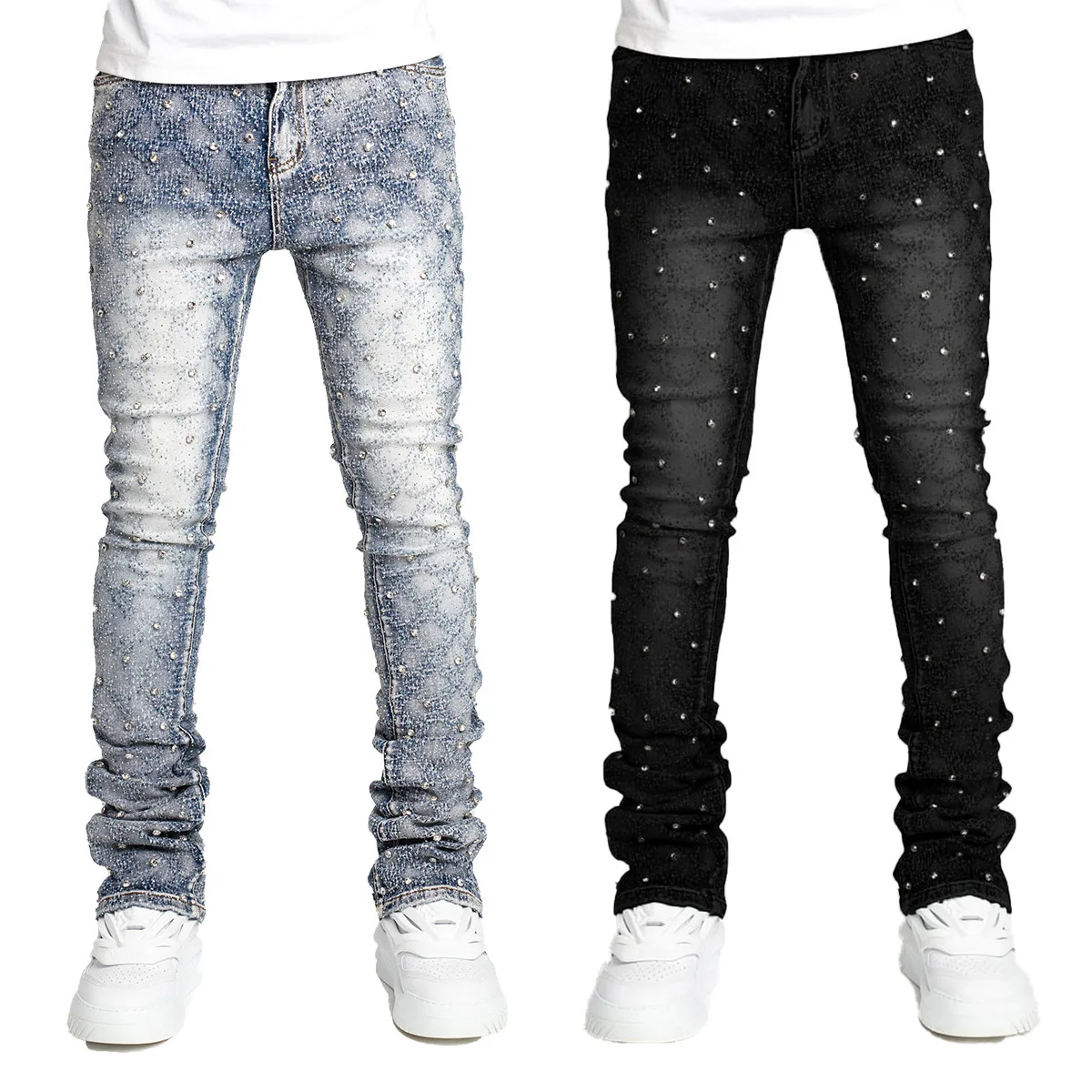 Men's Fashion Personality Elastic Pearl Layered Straight Jeans