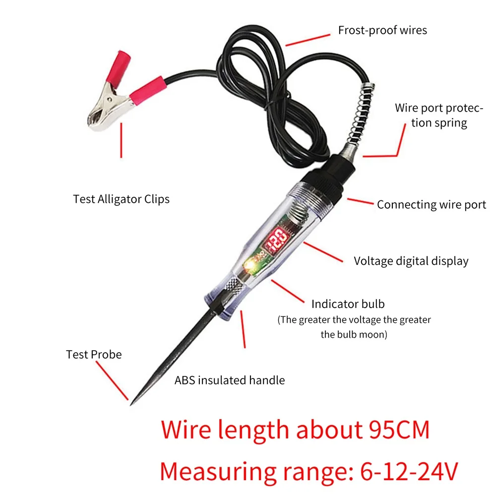 Auto Truck Voltage Circuit Tester 6V 12V 24V DC Digital Display Long Probe Pen Light Bulb Automobile Diagnostic Tool Auto Repair