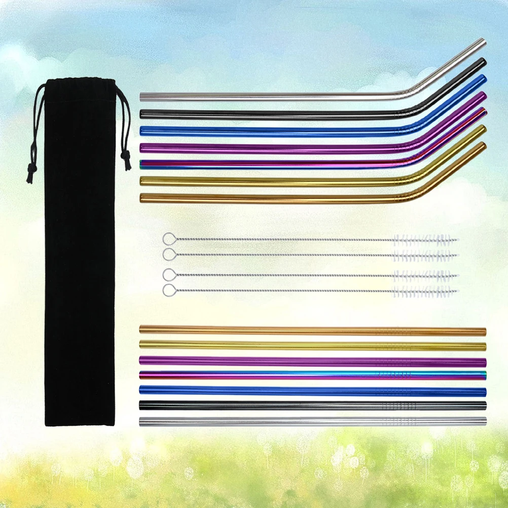 

19Pcs Stainless Steel Drinking Straws Set Reusable Straight Curved Dishwasher Safe Cleaning Brush Portable Drawstring Bag