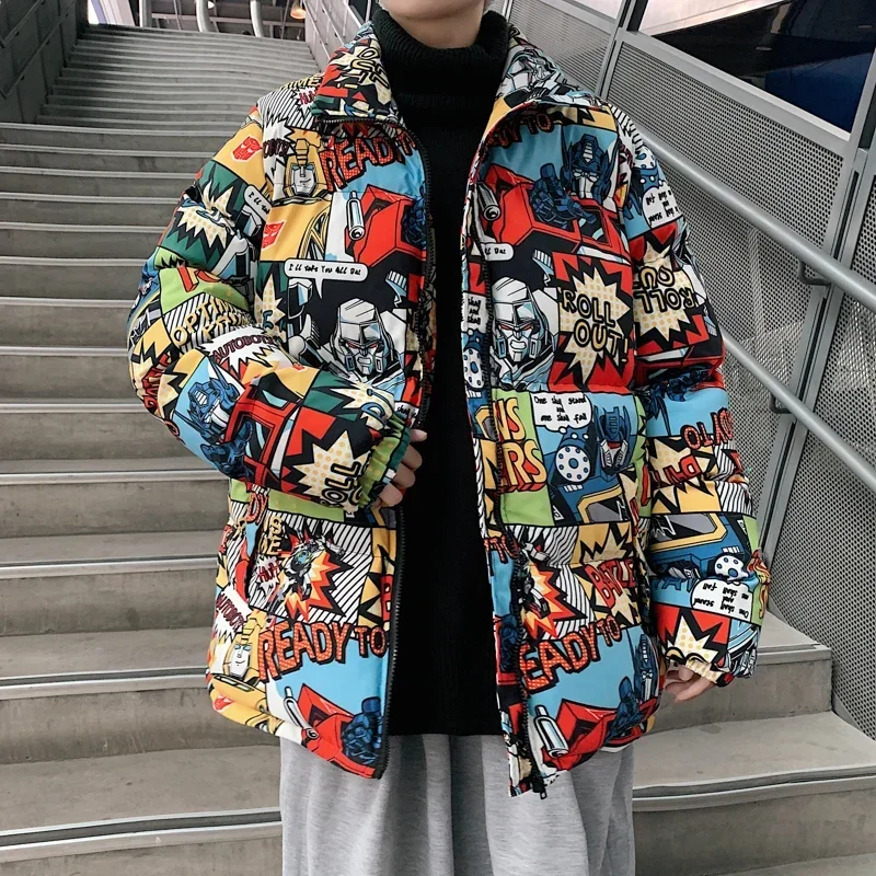 Hip Hop Graffiti Cartoon Print  Parkas Coats Men Streetwear Harajuku Mens Winter Thickend Warm Zipper Cotton Padded Jacket Women