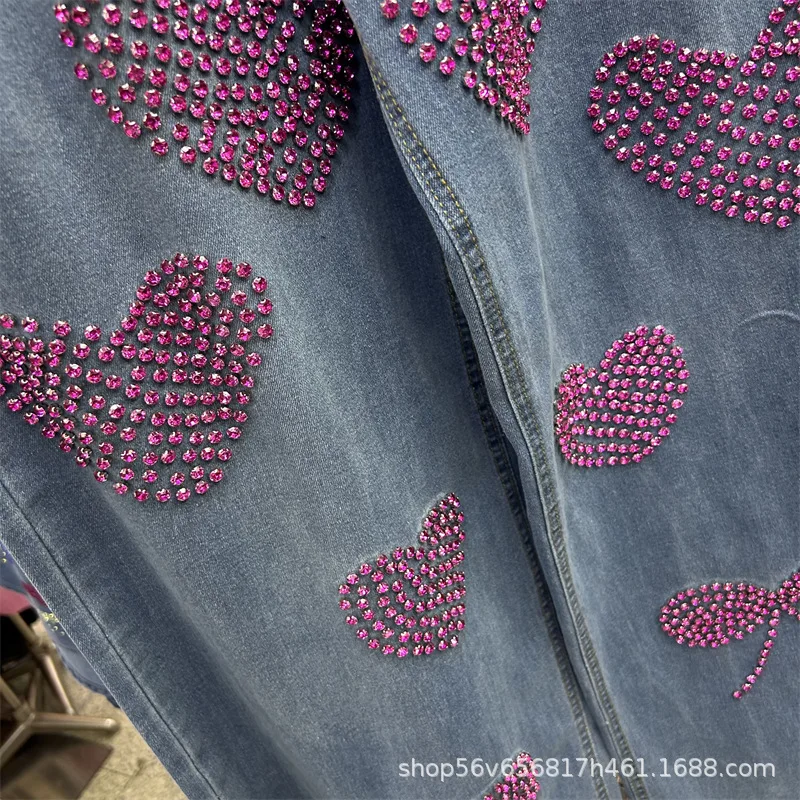

Unique Design Heavy Industry Diamond-encrusted Love Jeans Women's Autumn Loose And Fashion High-waisted Wide-leg Denim Trousers