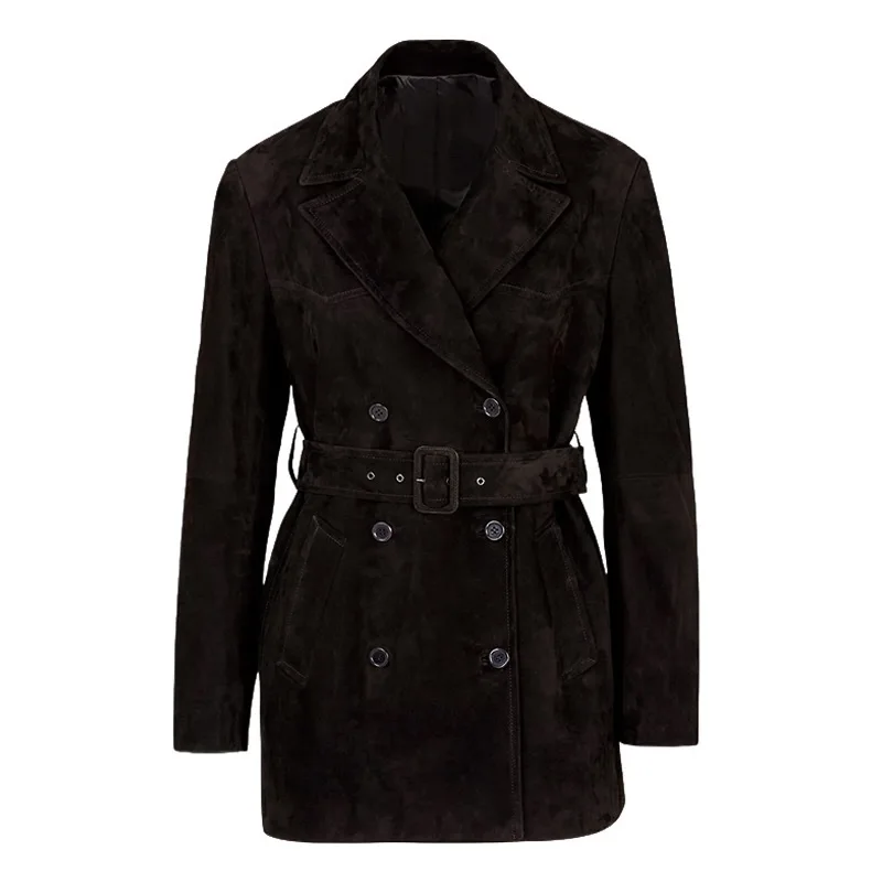 100% 염소가죽 블레이저 코트 여성용 2025 가을 겨울 레트로 커피 스웨이드 키드 가죽 영국 스타일 더블 브레스티드 웨이스트드 재킷