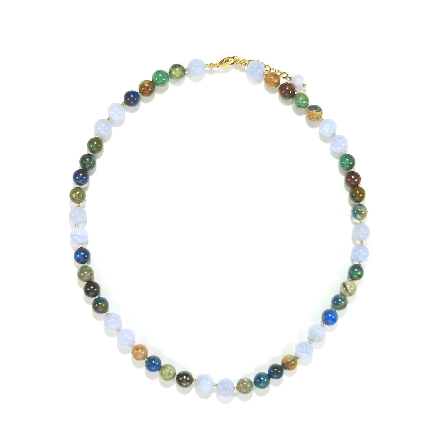 Lii Ji 8mm Natural Blue Lace Agate Chrysocolla Stainless Steel Gold Color Necklace 45+3cm Trendy Bohe Necklace For Male