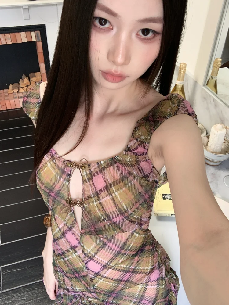 Summer Plaid Chiffon Chic Backless Sexy Sling Dress Women Elegant Bandage Casual Dress 2026 Korean Bodycon Luxury Evening Dress