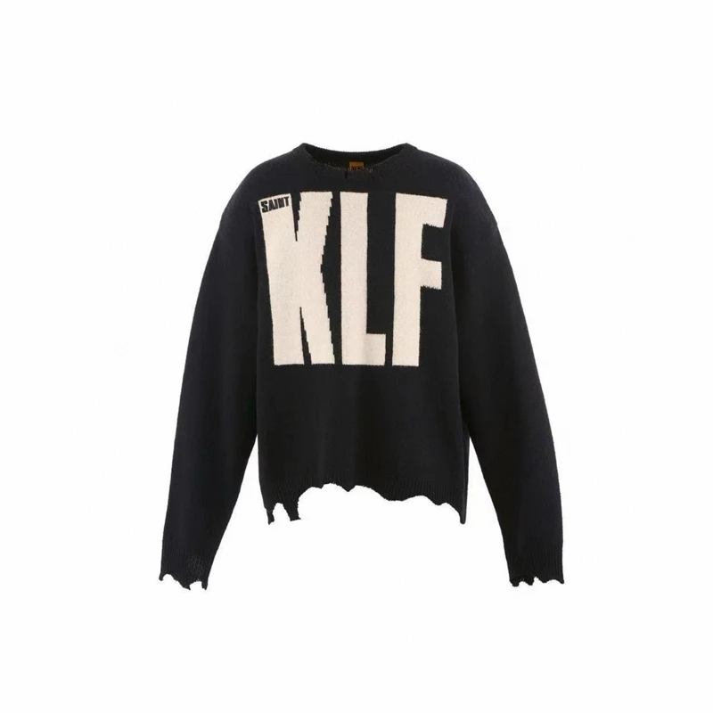 

Big KLF Logo Saint Black Loose Damage Knitt Sweater Men Women Good Quality 1:1 Knitt Vintage High Street Sweaters Pullovers