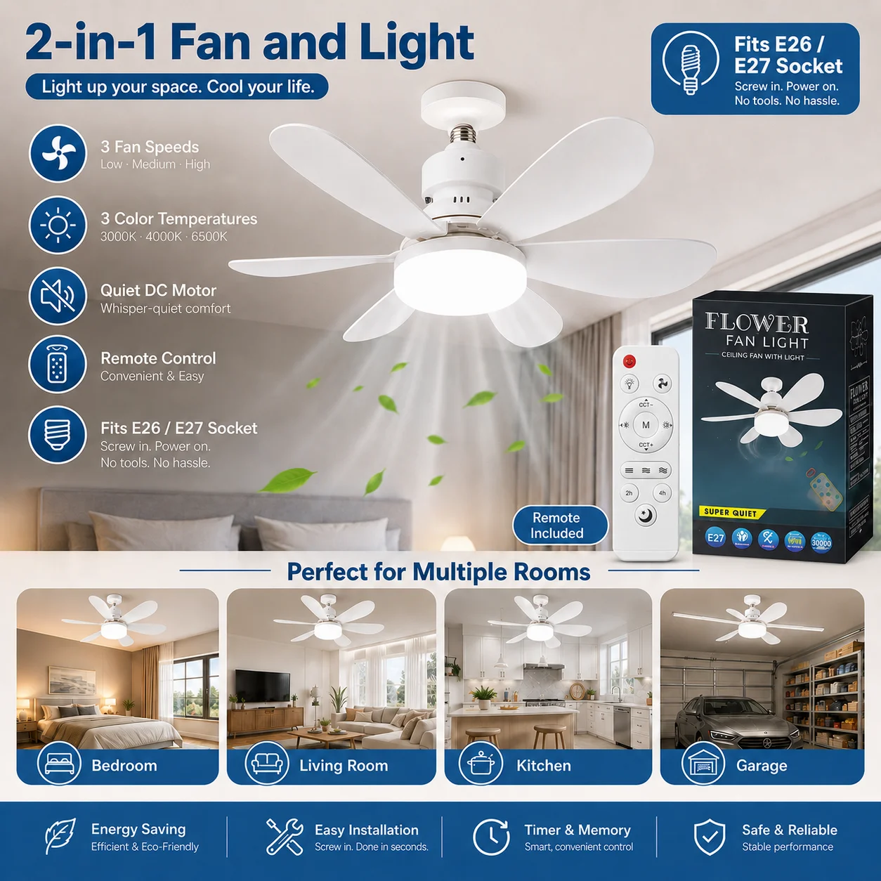 20.5인치 E27 LED 천장 선풍기 조명, 리모컨  - Voice Control Light Bulb 리뷰 및 가격