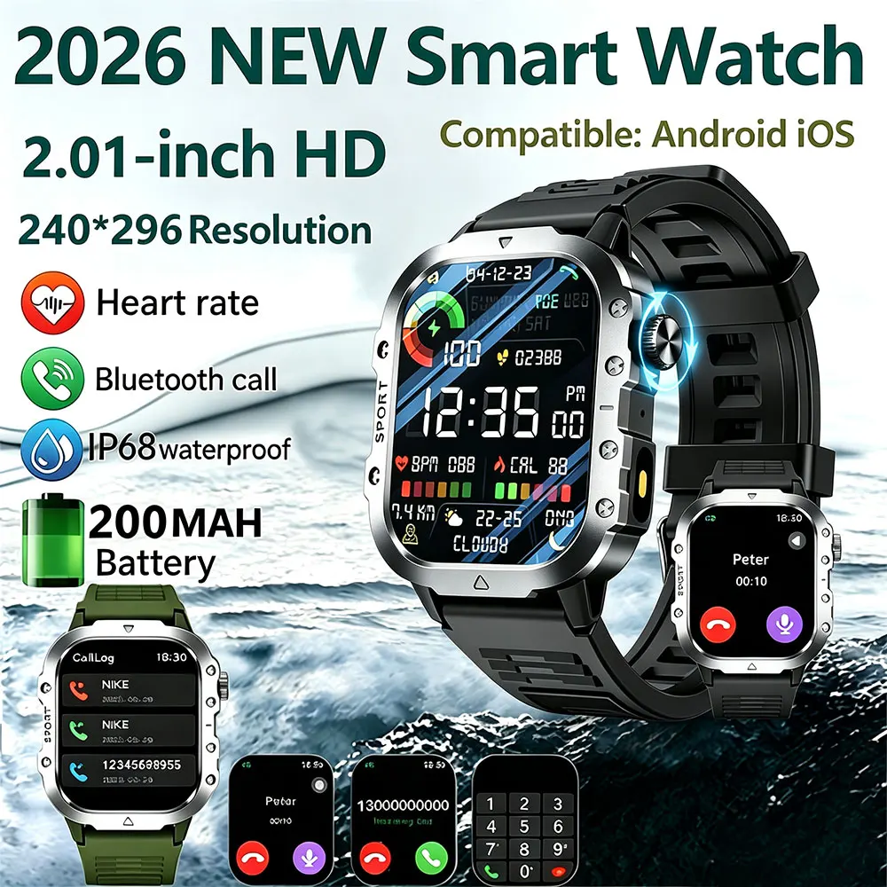 2026 New Outdoor Military Smart Watch 2.01-inch AMOLED NFC Heart Rate Monitoring IP68 Bluetooth Call LED Flashlight Smartwatches