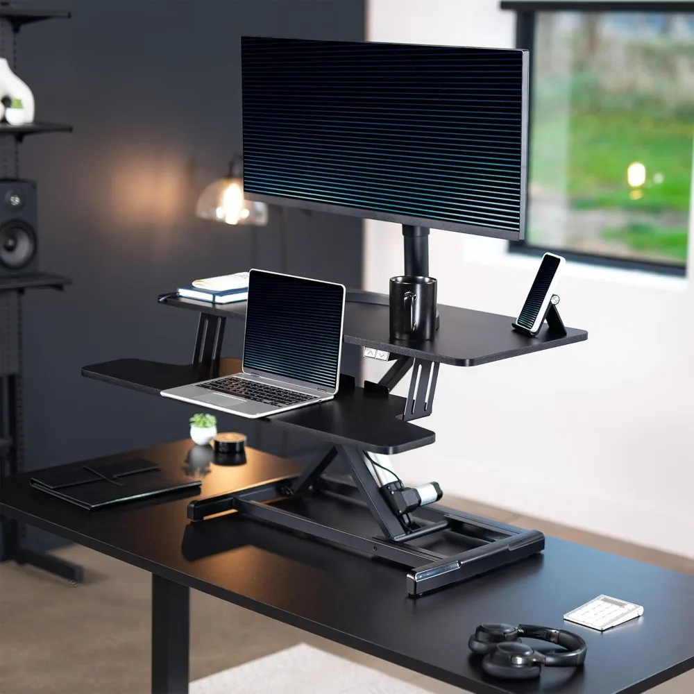 Electric Motor Desk Converter, Height Adjustable Riser, Sit to Stand Dual Monitor and Laptop Workstation with Wide