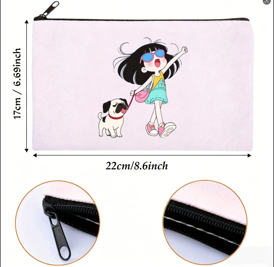 1PC Double Sided Print Cartoon Girl Walking Pug Dog Canvas Zipper Cosmetic Storage Pouch