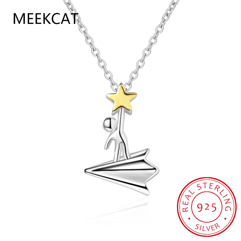 Real 925 Sterling Silver Necklace Spaceman Star Shiny Choker Necklace For Women Daugther Birthday Fine Jewelry DB179