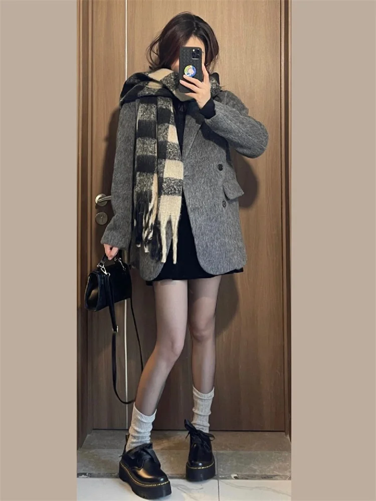 Woolen Blazer Women's Light Gray Thickened Warm Autumn and Winter New Short High-Grade Wool Thick Double-Breasted Lapel Coat 1Pc