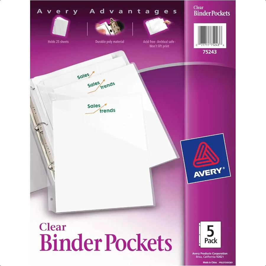

Binder Pockets for 3 Ring Binders Clear 8.5 x 11 AcidFree and ArchivalSafe 15 Binder Folders Total 3Pack of 75296