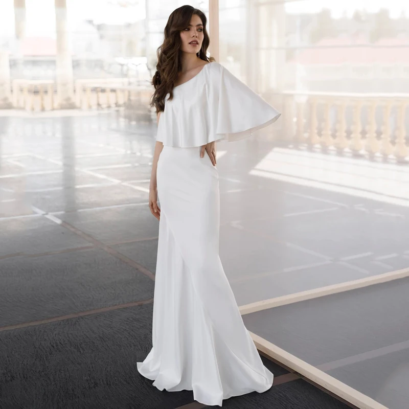 

New Design Scoop One Shoulder Half Sleeve Satin Mermaid Wedding Dress Bridal Gowns Vestido De Noiva