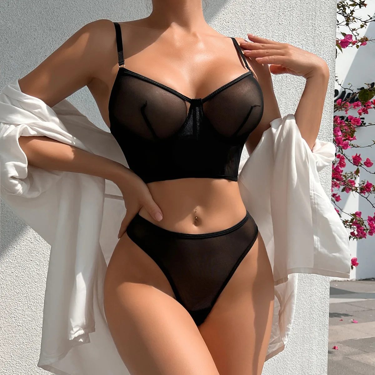 

Cecia European and American black temptation fishbone mesh sexy perspective gathering underwear set 2025 new