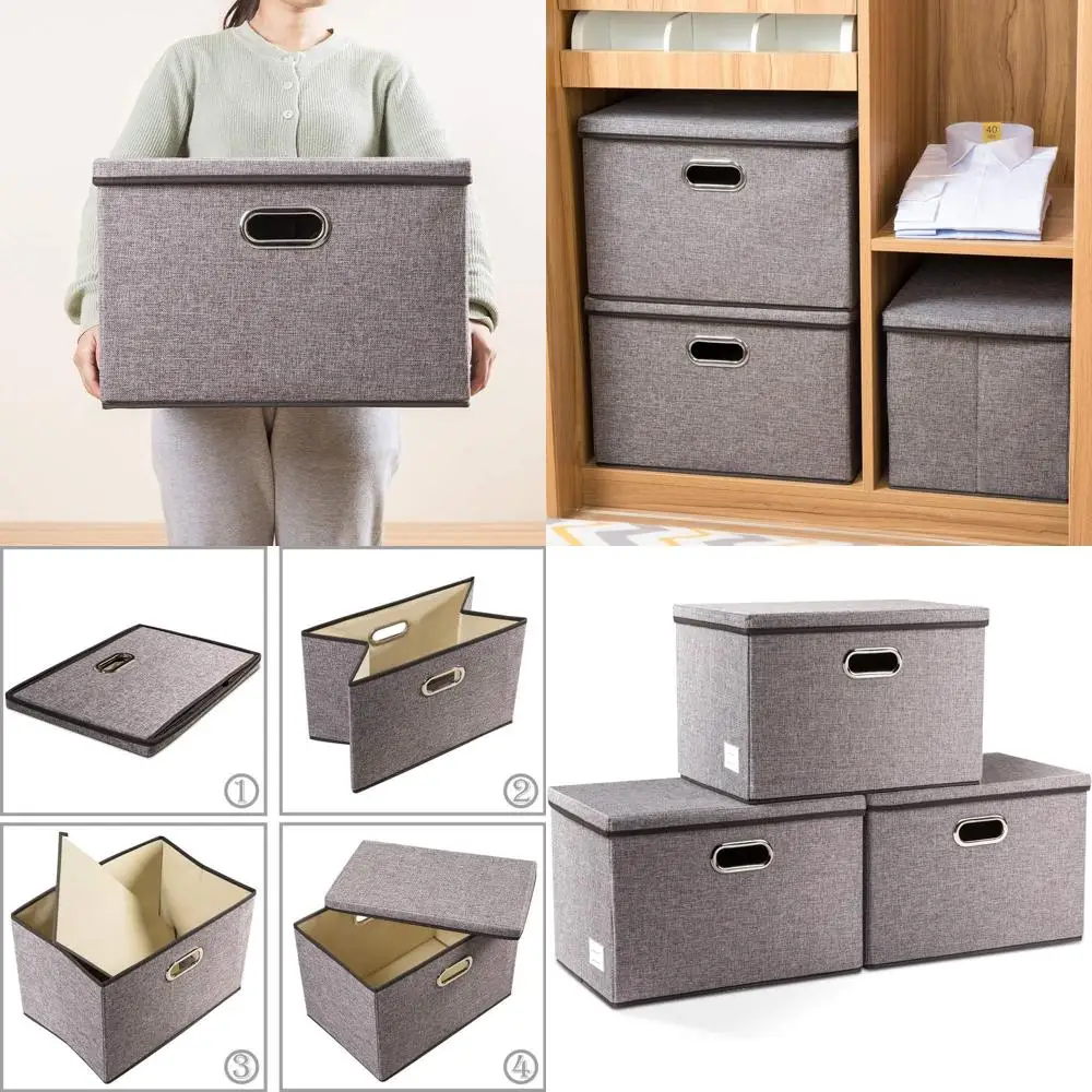 

3-Piece Collapsible Storage Cubes with Lids - Linen/Cotton Blend Organizer Baskets for Home, Closet, Office, and Nursery (17.7x1