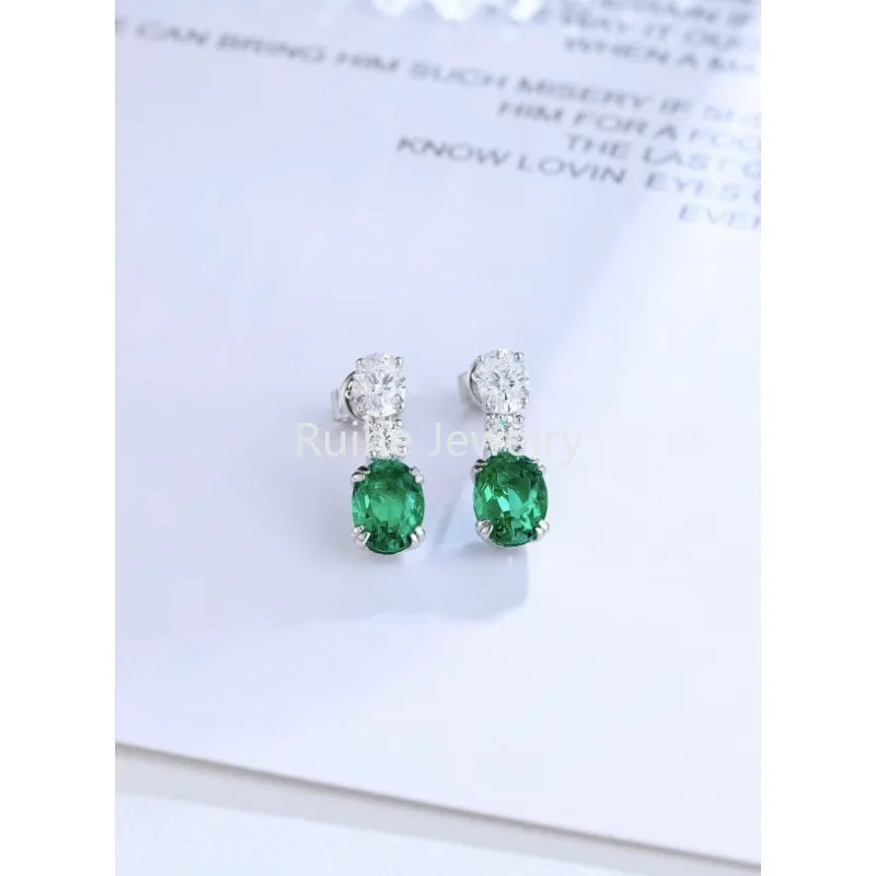 Ruihe Top New 2023 S925 Silver Lab Grown Emerald with White Simulated Diamond Zirconia Elegant Earrings for Women Jewelry Gift