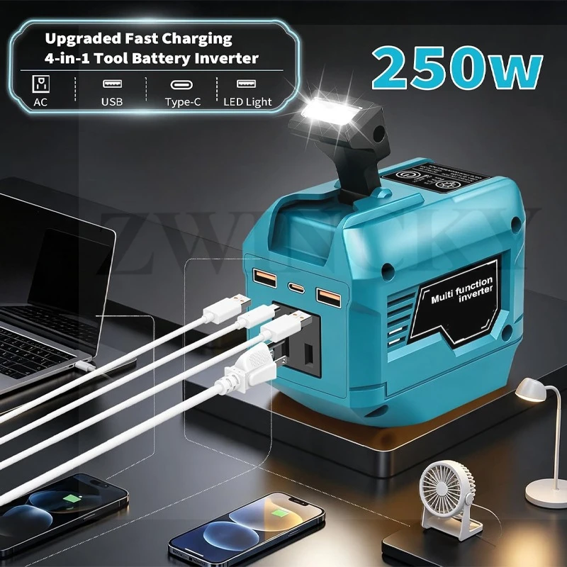 250W Power Inverter Compatible For Makita/Dewaltt/Milwaukee 18V/20V Battery | DC to AC 110V-220V, USB & Type-C 400LM LED Light