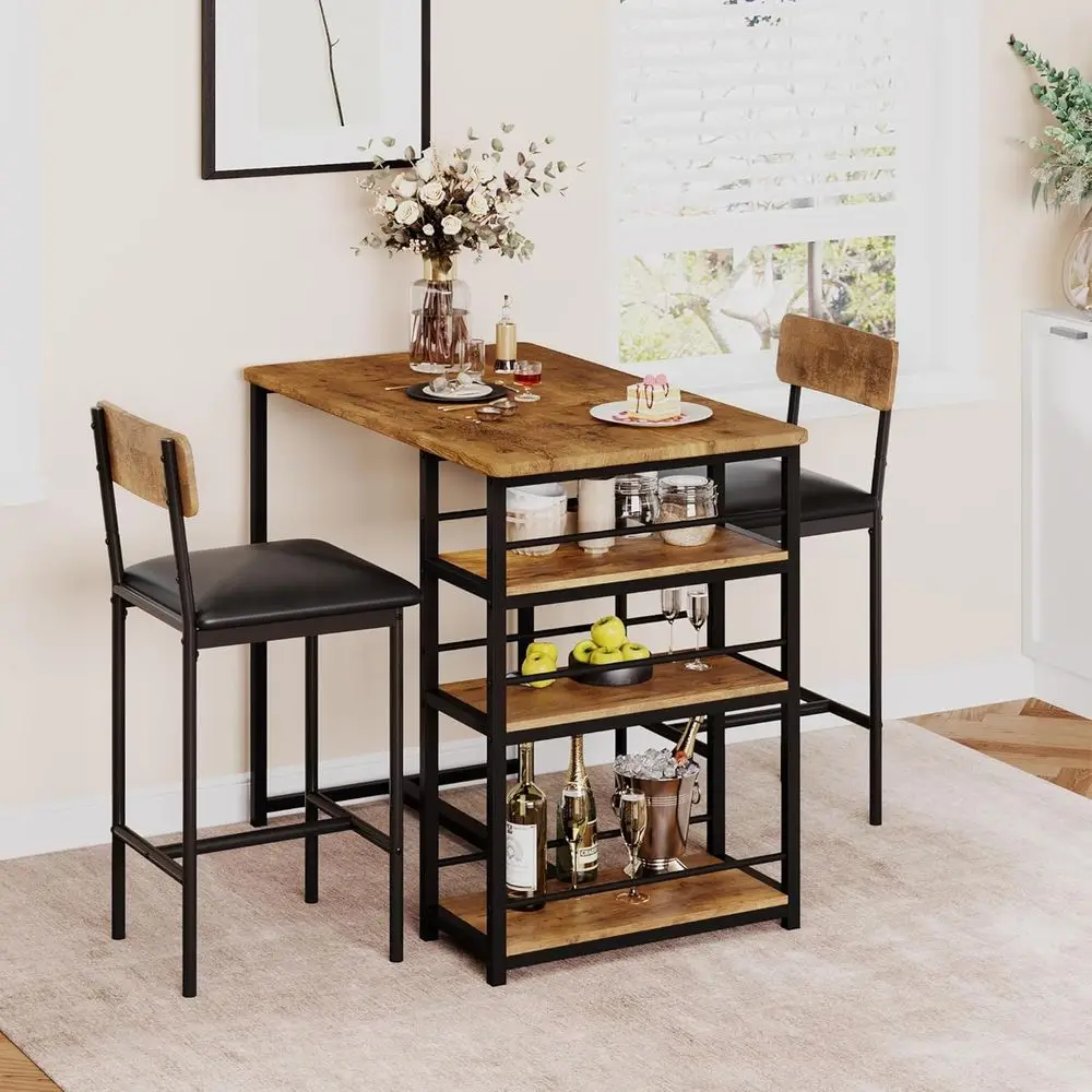 Table and Chair Set with Three Shelves Small 2-Person Dining Table with 2 Upholstered Stools with Backrests Suitable for Restaur