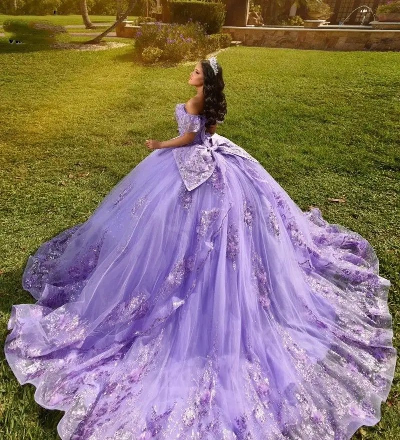 ที่กําหนดเองลาเวนเดอร์ Lilac Quinceanera ชุดโบว์ลูกไม้ Applique ประดับด้วยลูกปัดเม็กซิกันหวาน 16 Vestidos De XV 15 Anos YQD434