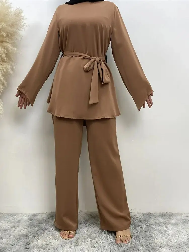 

Muslim 2 Piece Set Women Abaya Dubai Long Sleeve Tops Wide Leg Pants Kaftan Pakistan Turkey African Prayer Islamic Clothing Suit