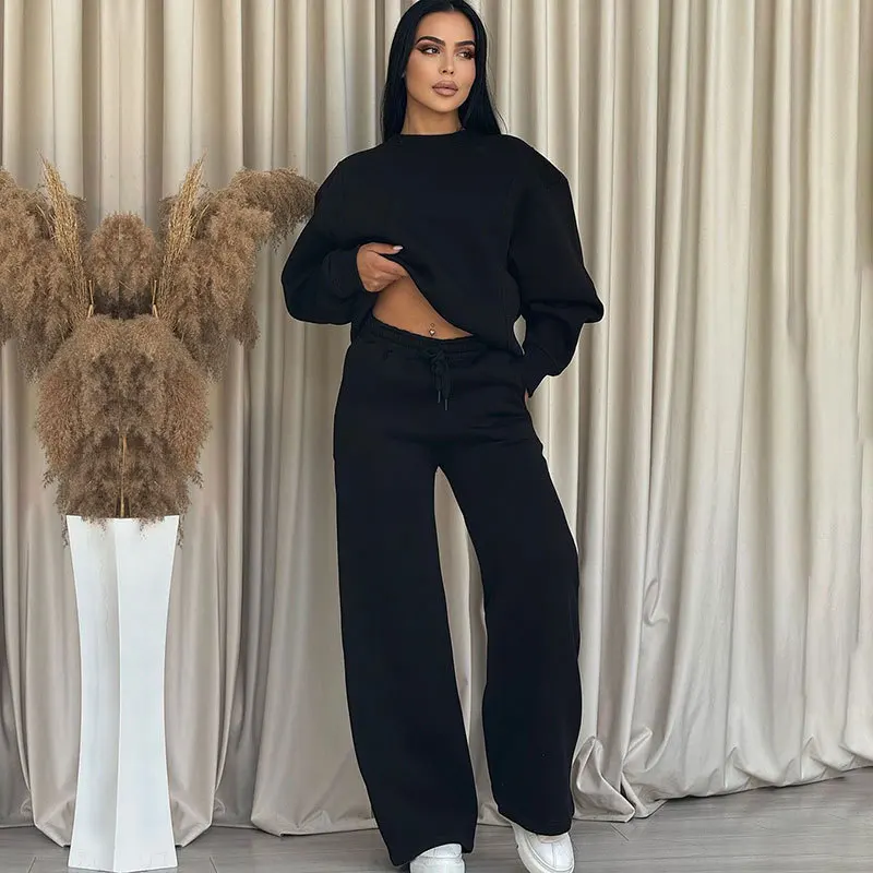 Autumn and winter new solid color round collar long sleeve loose women's fashion casual wide leg pants two piece suit pant sets - Image 5