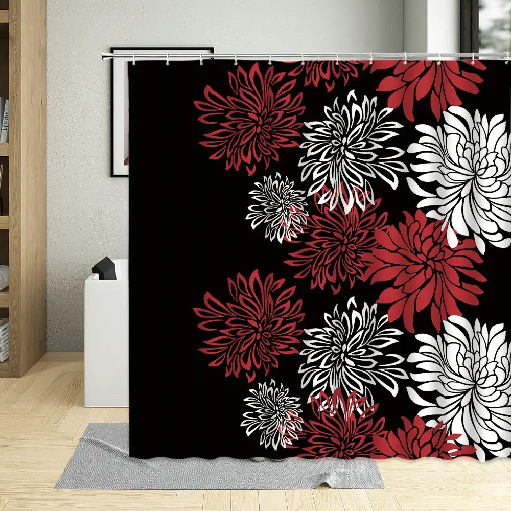 Abstract Floral Background Fashion Black Seamless Pattern Shower Curtain Beautiful Red White Creative Flowers Bathroom Curtains