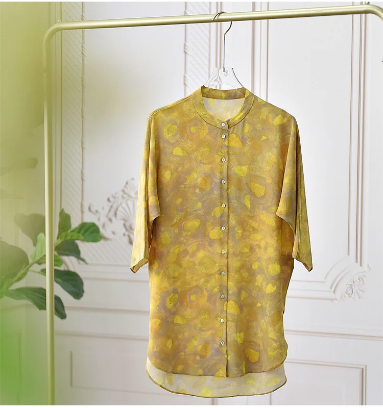 

Mulberry Silk Shirt Lady High end 16mm Silk Printed Mid sleeved O-neck Mid length Top 2024 Summer Women's Clothing