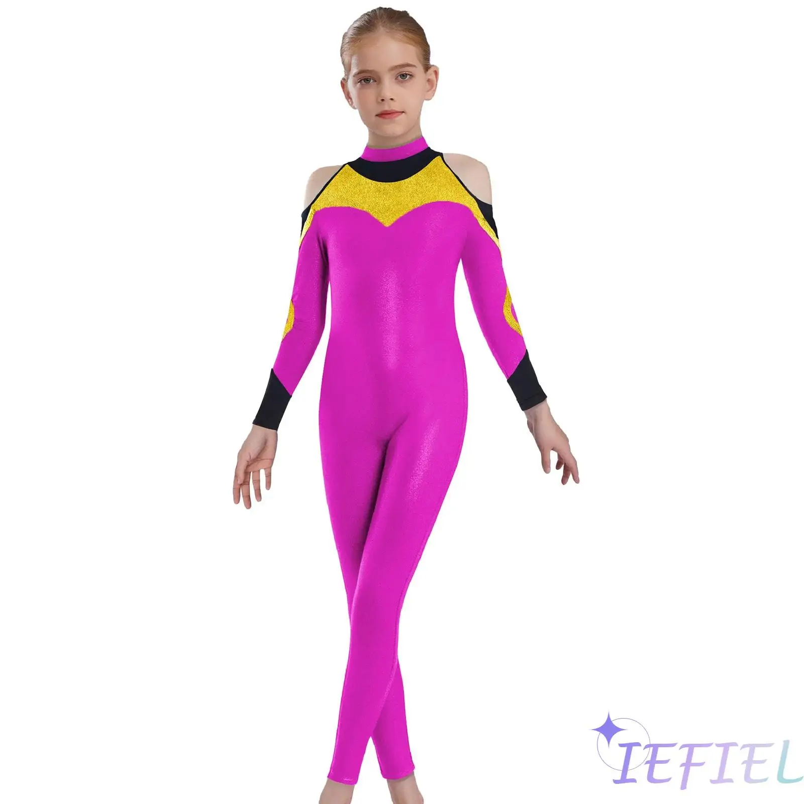 

Girl Contrast Color Gymnastics Costume Long Sleeve Cold Shoulder Cutout Back Bodysuit for Dance Figure Skating Stage Performance