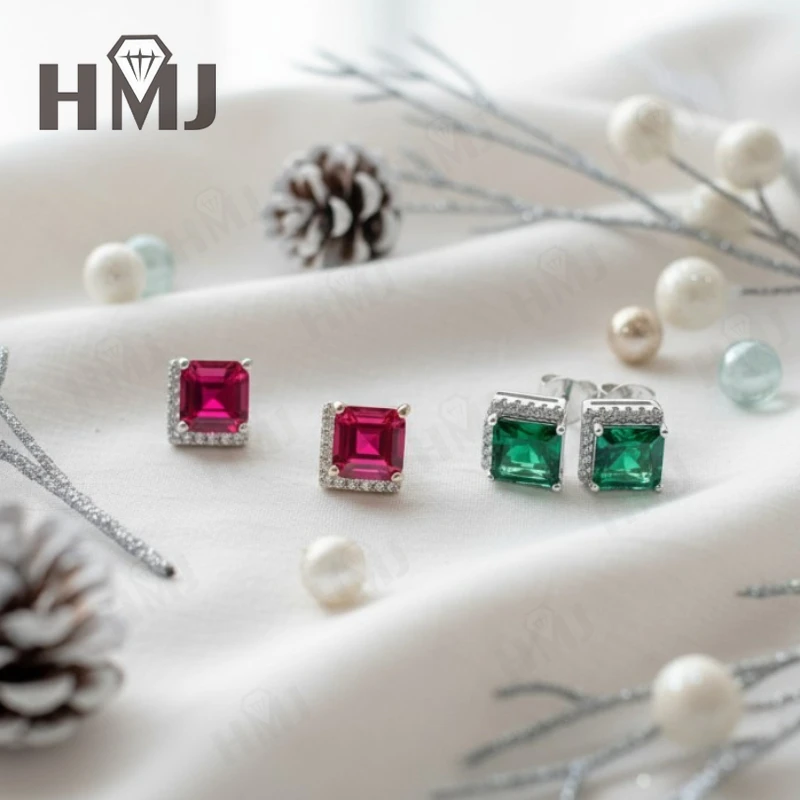 

Square Earrings1-2.5CT Emerald Princess Ruby Sapphire Colombia Padparadscha S925 Styles Ear Studs for Women Christmas Party Gift