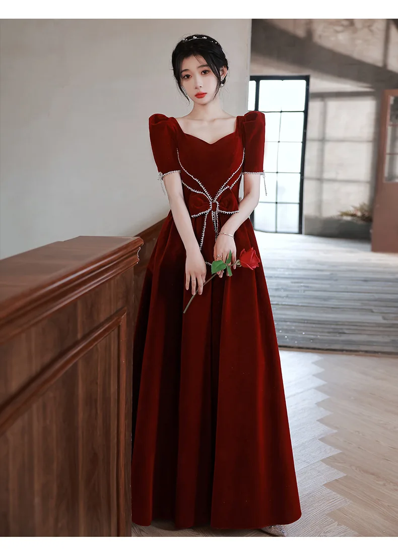 Elegante colletto quadrato con perline fiocco sul retro fasciatura sposa abiti in velluto bordeaux banchetto per feste abiti da spettacolo teatrale femminile Cheongsam