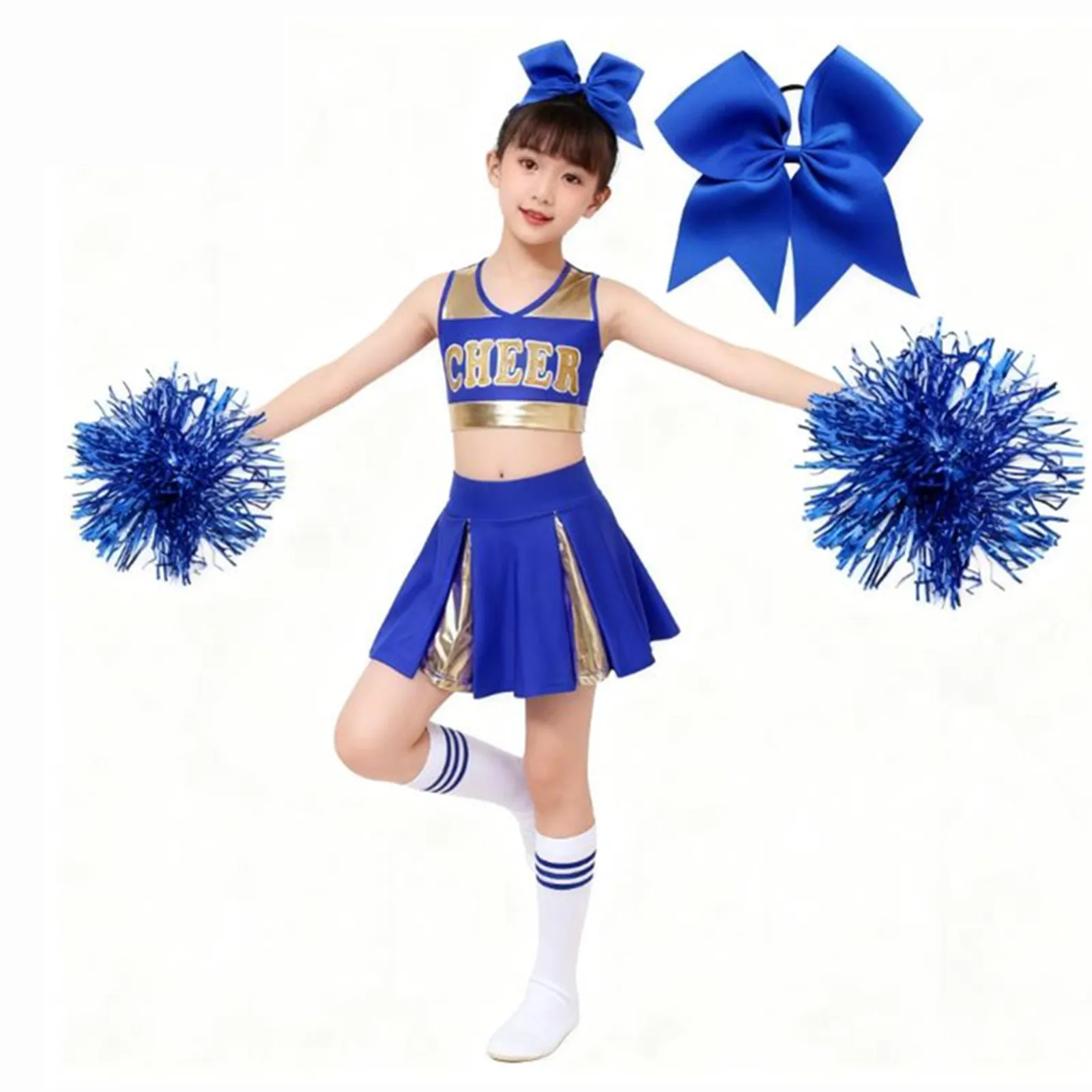 أطفال بنات التشجيع موحدة الباليه ملابس الرقص الحديثة المشجع زي الخامس العنق إلكتروني طباعة المحاصيل الأعلى مطوي تنورة