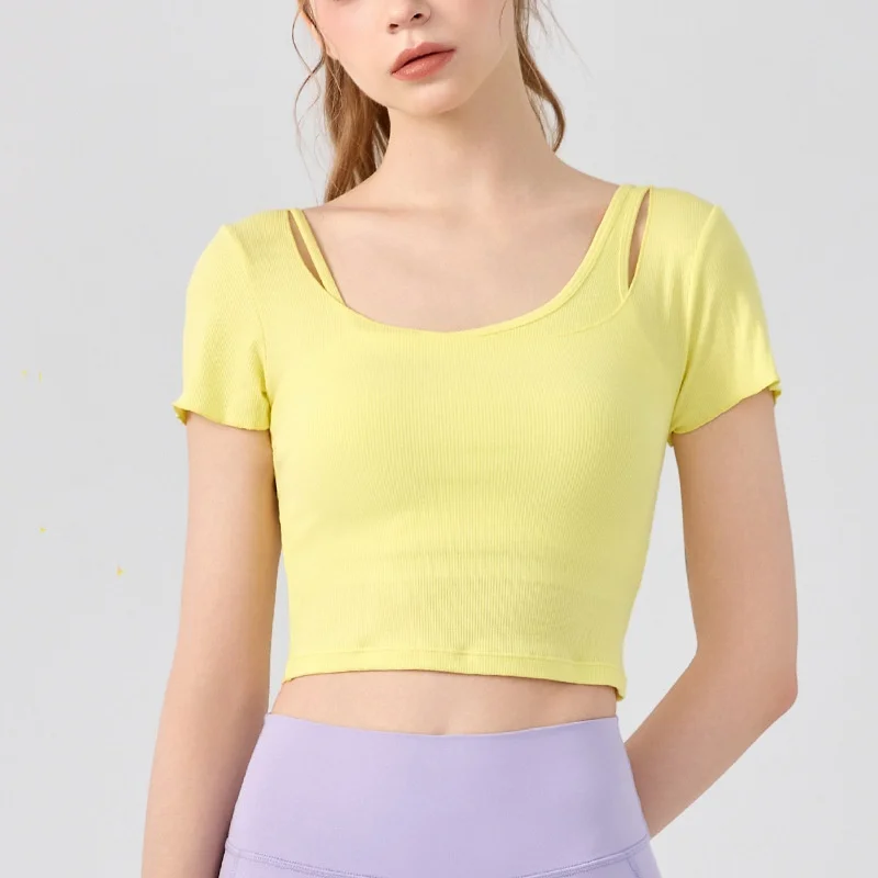 

Summer Women Short Sleeve Real Two Pieces Yoga Solid Color T-shirt With Chest Pad Sports Pilates Fitness Breathable Elastic Tops
