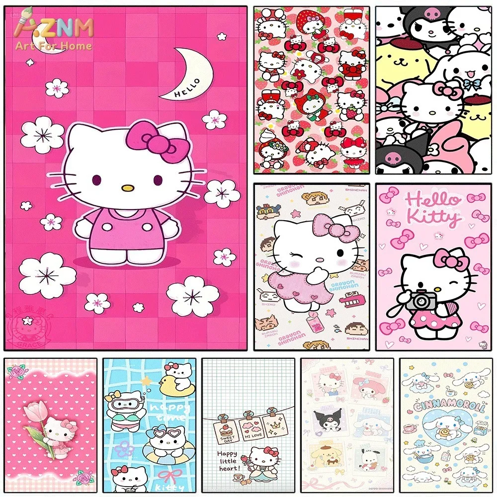 AZNM Hot Pink Grid Kawaii Cartoon Cat Canvas Wall Art Unframed Poster Sweet Moon Floral Lovely Character Print Girls Bedroom Aes