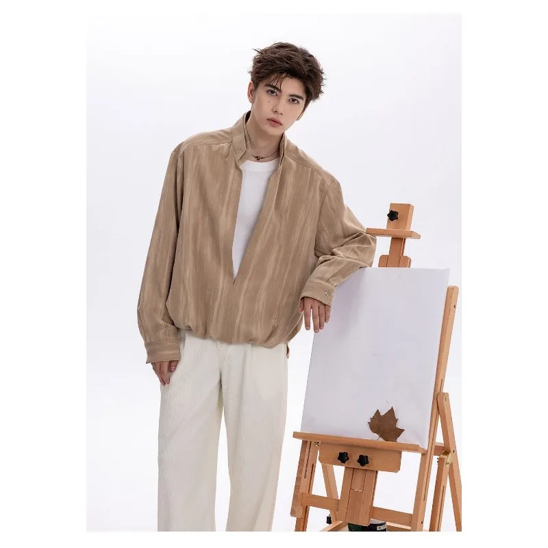 Long-sleeved Stand-up Collar Shirt Loose Solid Color Fashionable Casual Men's Lapel Long-sleeved Commuter Top