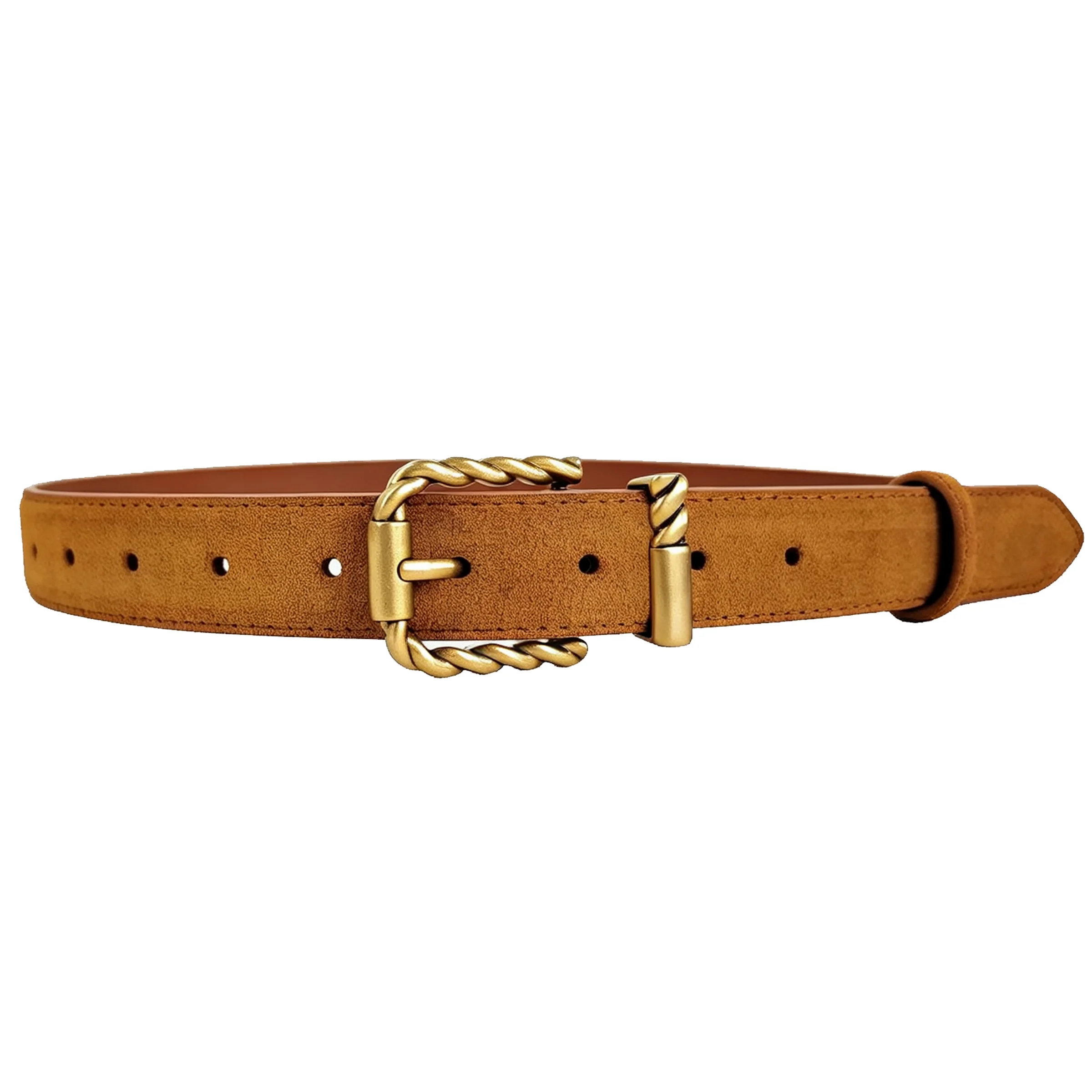 Women's Split Suede Cowhide Belt, Vintage Twisted Braided Gold Pin Buckle, 1.1in Wide Adjustable Solid Waist Belt for Dresses