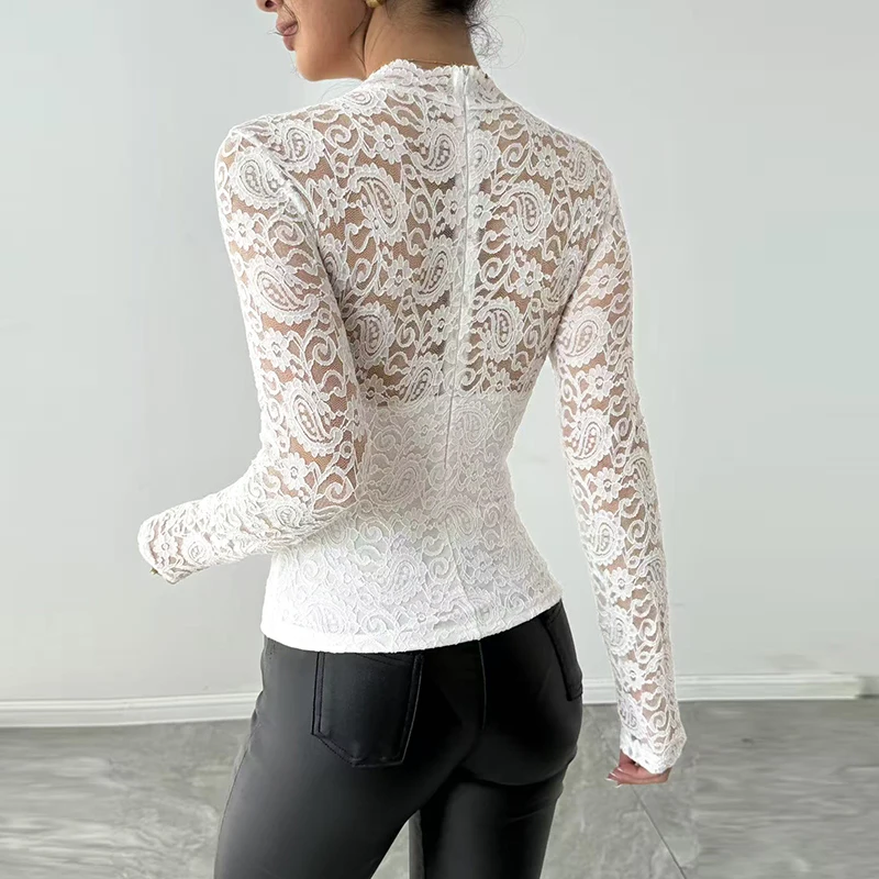 

2025 Elegant Long Sleeve Lace Shirt Women Sexy See-Through White Tops Female Spring Autumn O Neck Basic Shirt Lady T-Shirts