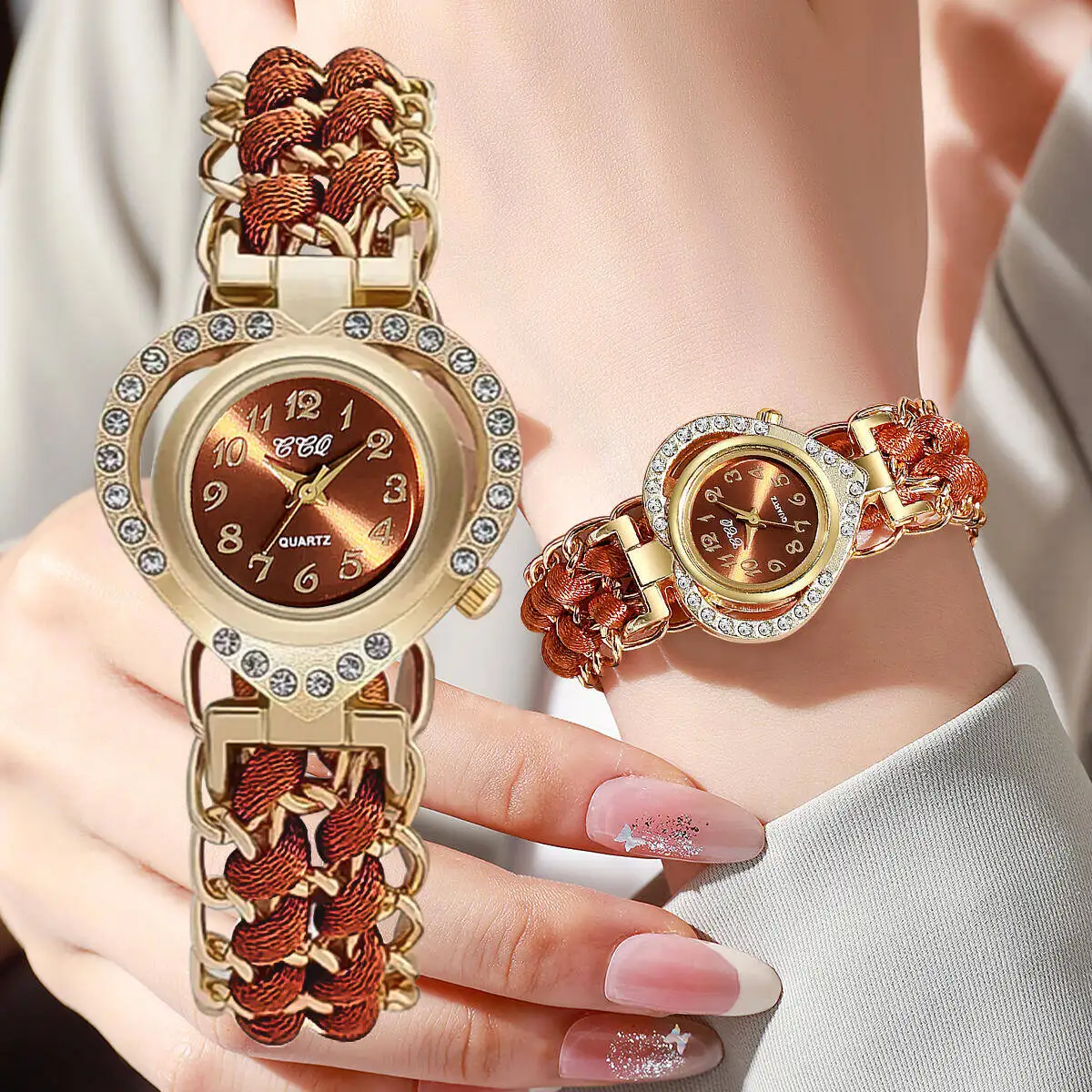 Relojes de Mujer con esfera de corazón y diamantes de imitación a la moda, Reloj de pulsera de cuarzo con correa tejida para Mujer (sin caja)