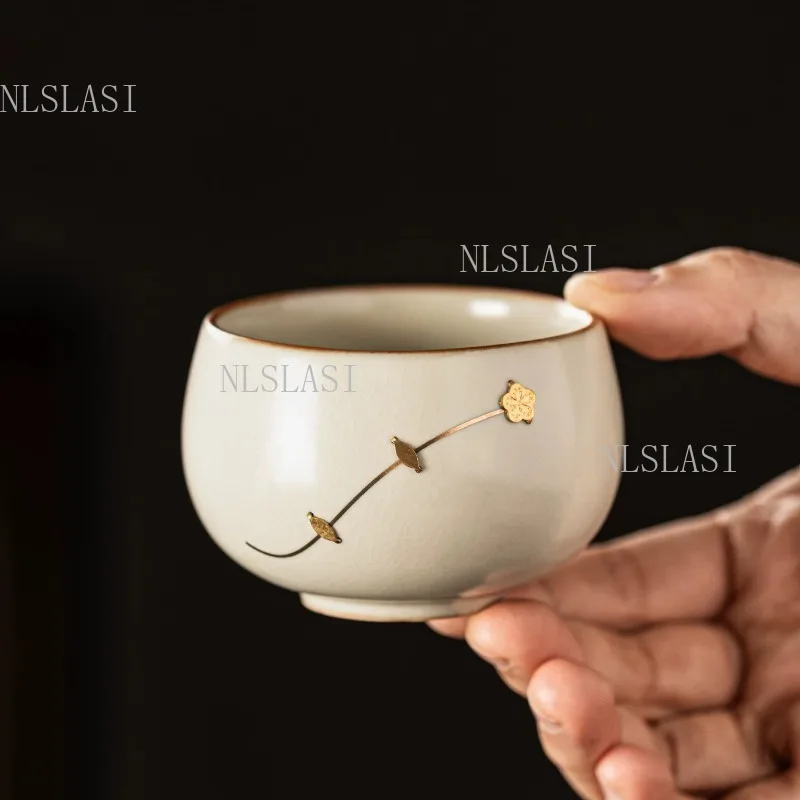 2pcs Vintage Chinese Ru Kiln Crackle Glaze Master Cup, Plum Blossom Metal Inlay Jugu Craft Ceramic Teacup Gongfu Tea Ceremony