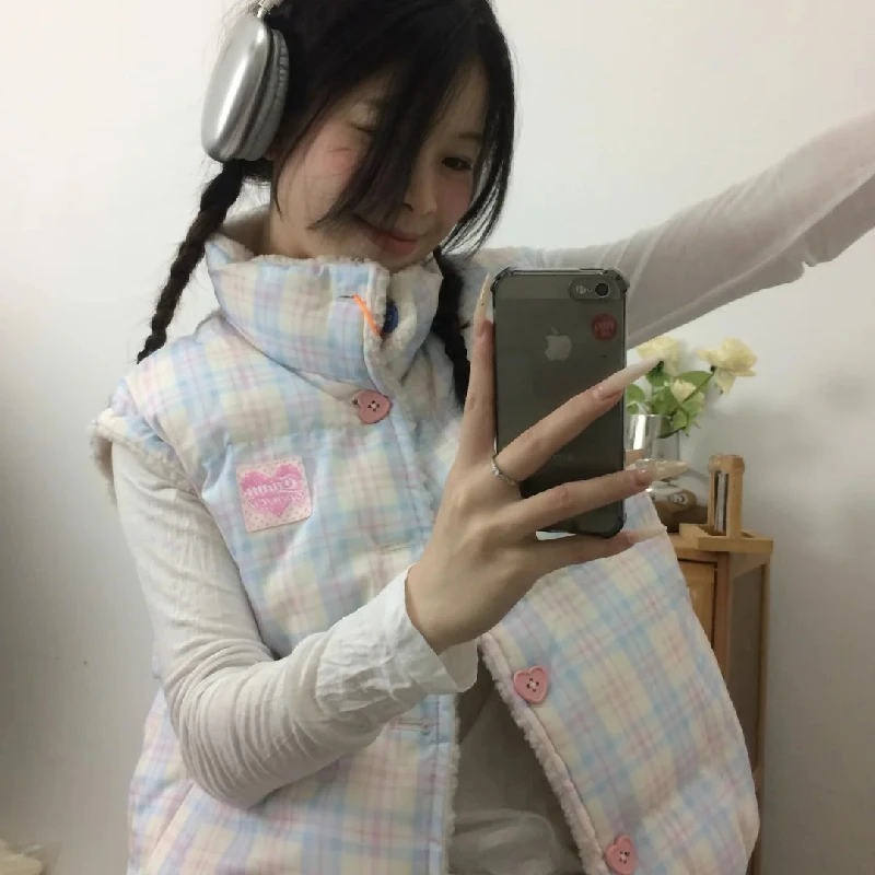 Women's Sweet Heart Two-Sided Wear Lamb Fur Vest Loose Thickened Autumn Winter Cotton Jacket Outerwear Cardigan Style Polyester