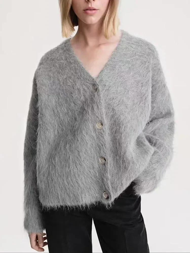 2023 Autumn Women Alpaca Solid Color V-neck Loose Knitted Cardigan New